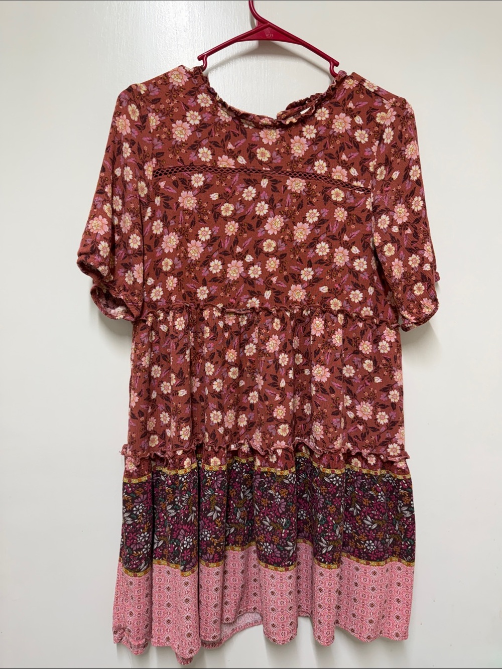 Floral Tiered Boho Dress in Rust and Pink